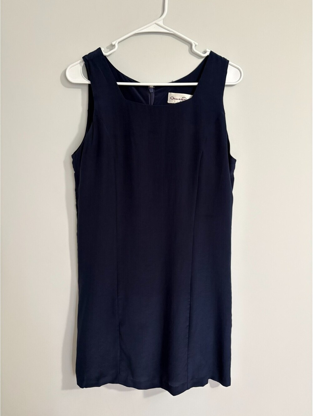 Vtg Oscar de la Renta Expressions Dress Small Navy Sleeveless Silk Minimalist